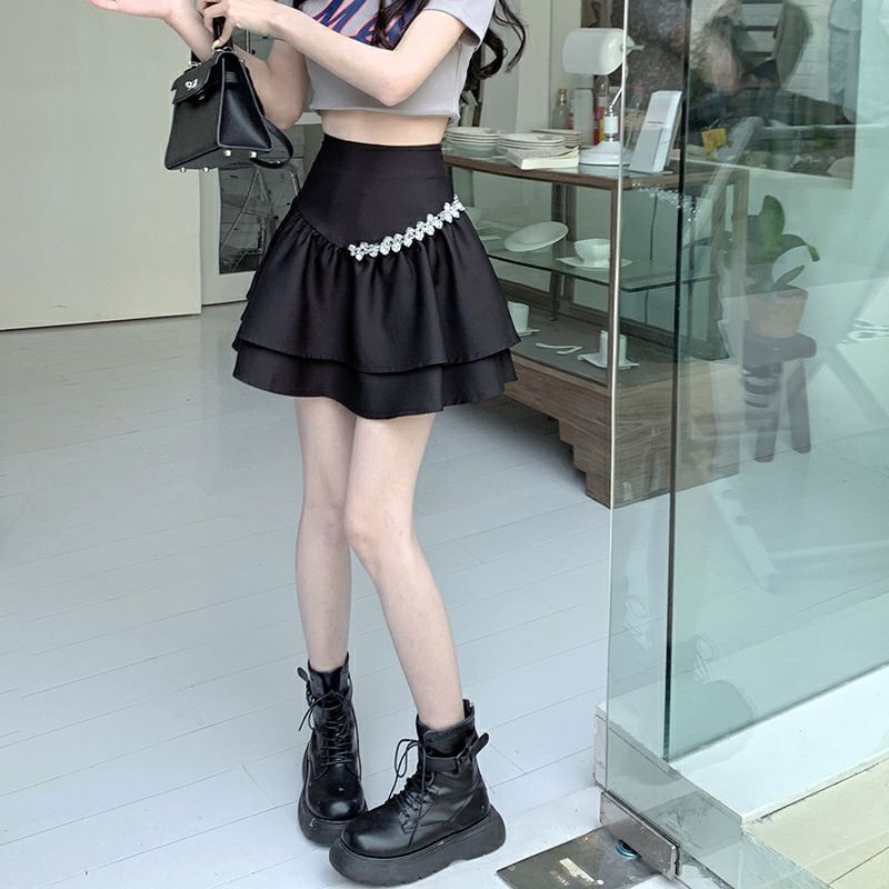 A-Line Plain Rhinestone Skirt High Mini Rise