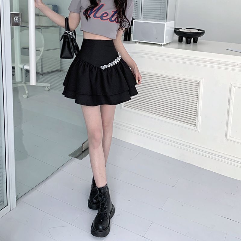 A-Line Plain Rhinestone Skirt High Mini Rise