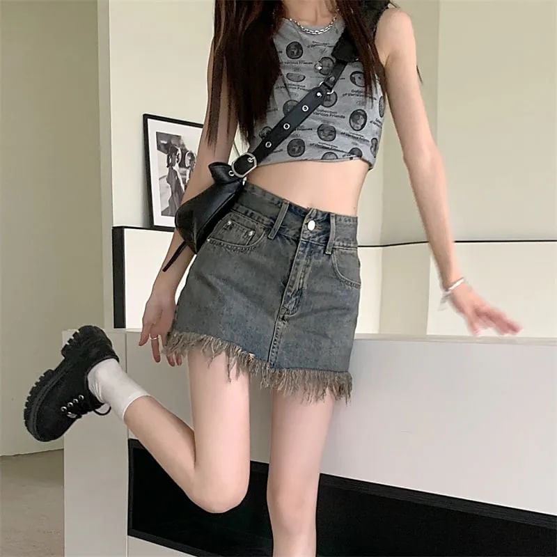 Fringed Denim Skirt Mini Hem Pencil Waist High