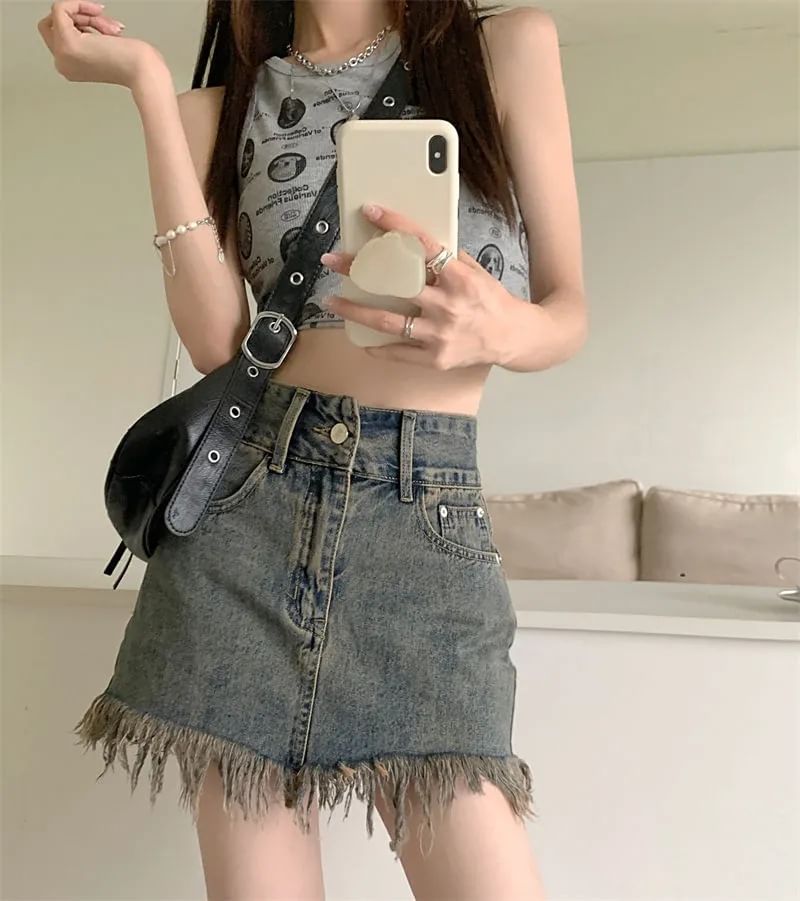 Fringed Denim Skirt Mini Hem Pencil Waist High
