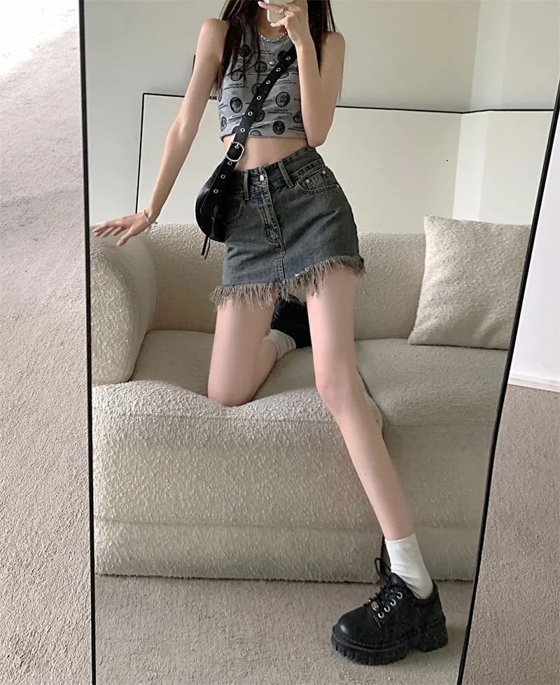 Fringed Denim Skirt Mini Hem Pencil Waist High