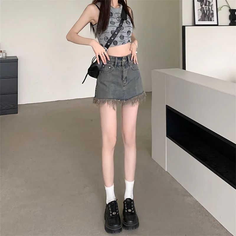 Fringed Denim Skirt Mini Hem Pencil Waist High