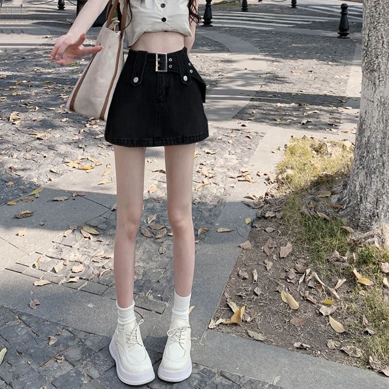 Mini High Denim Waist A-Line Skirt