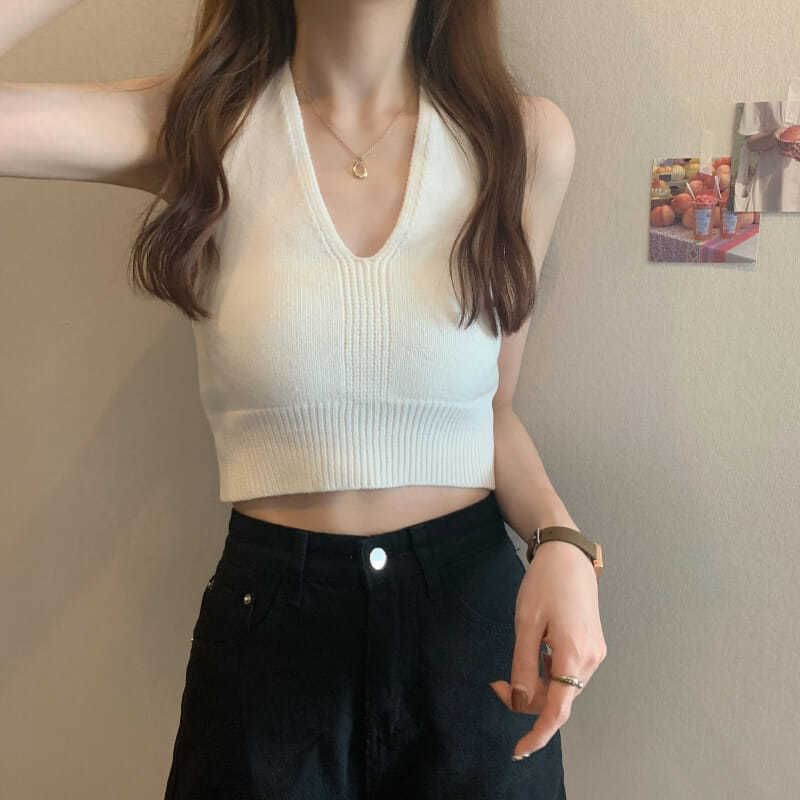 Cropped Top V-Neck Halter Knit Plain