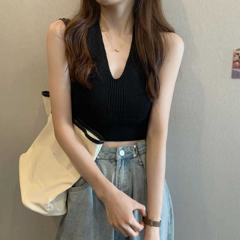 Cropped Top V-Neck Halter Knit Plain