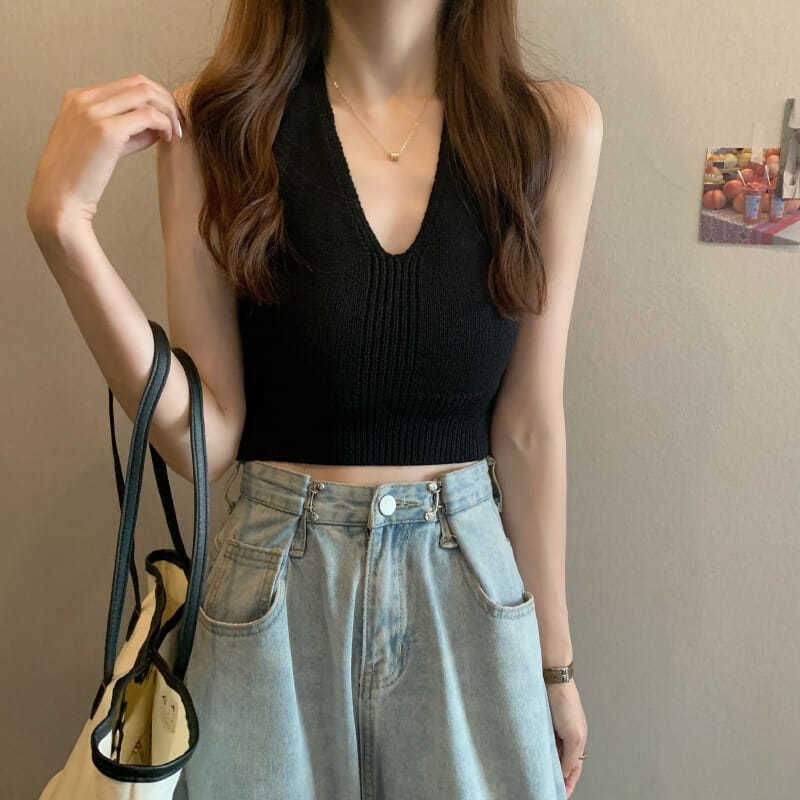 Cropped Top V-Neck Halter Knit Plain