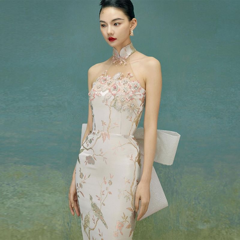 Back Mermaid Gown Floral Evening Bow Halter