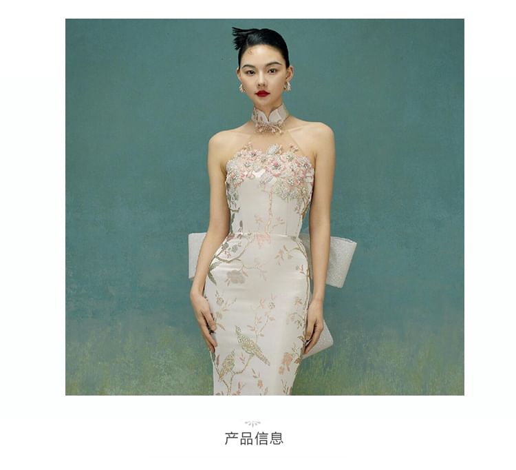 Back Mermaid Gown Floral Evening Bow Halter