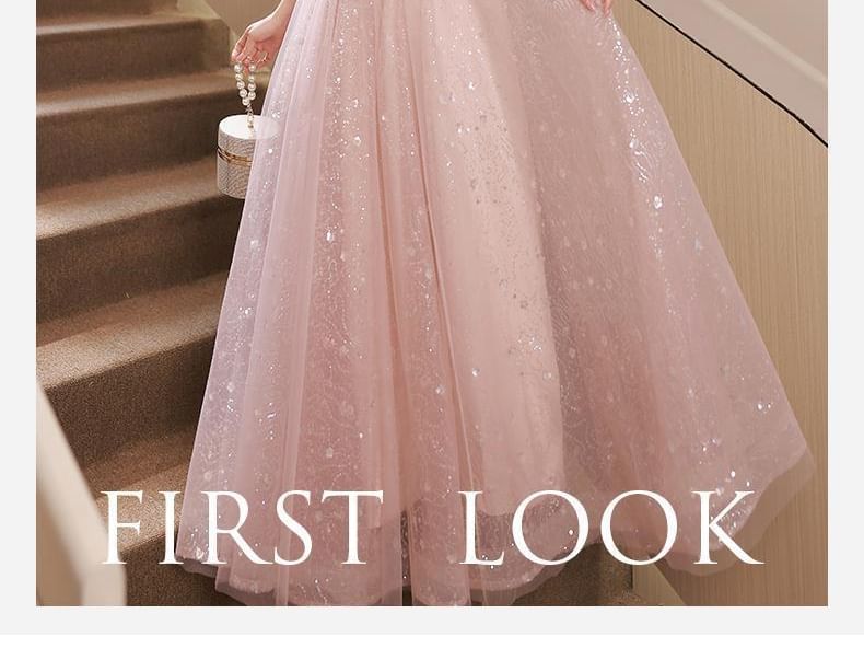 Dress A-Line Mesh / Evening Glitter Gown Short-Sleeve