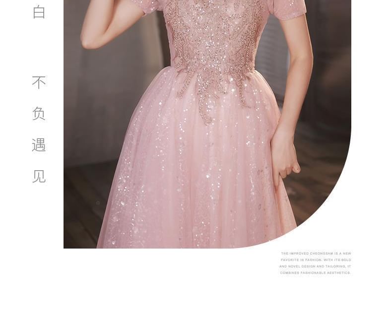 Dress A-Line Mesh / Evening Glitter Gown Short-Sleeve