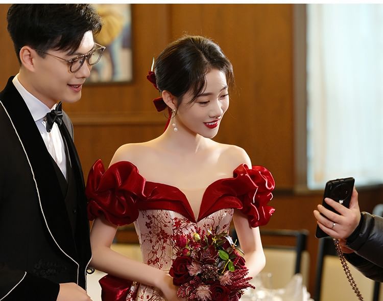 / Floral Off Evening Shoulder Gown Dress A-Line