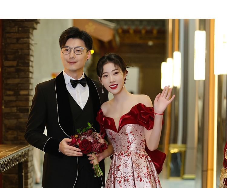 / Floral Off Evening Shoulder Gown Dress A-Line