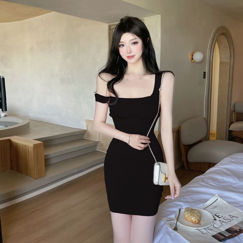 Square Neck Dress Sheath Mini Plain Sleeveless Knit