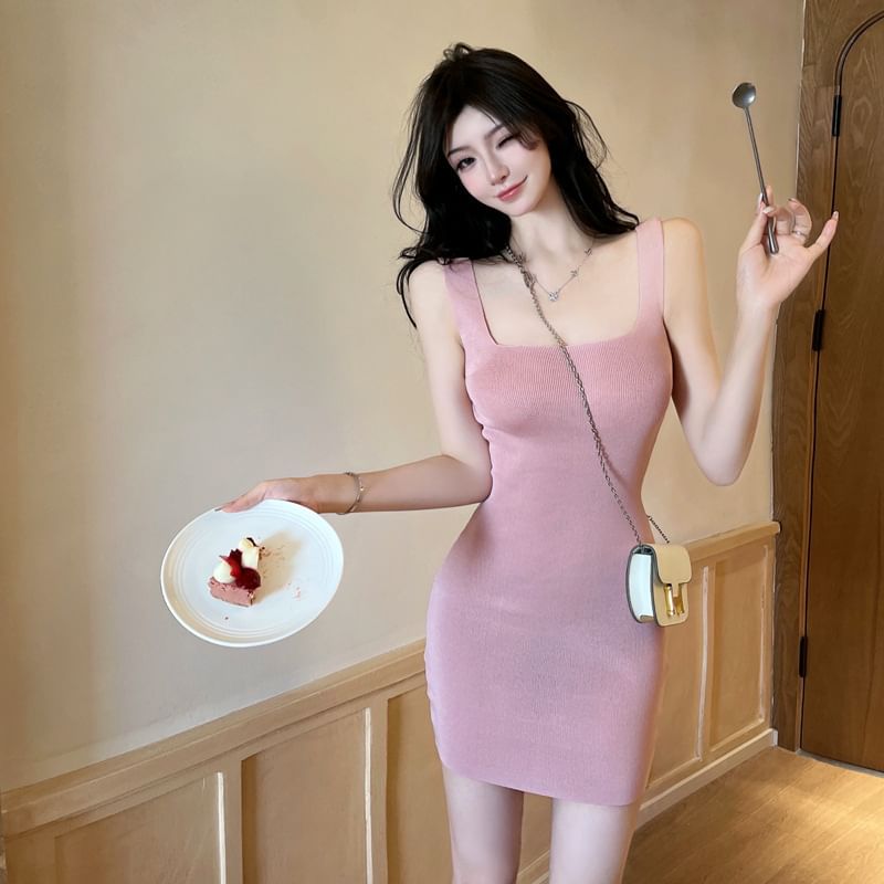 Square Neck Dress Sheath Mini Plain Sleeveless Knit