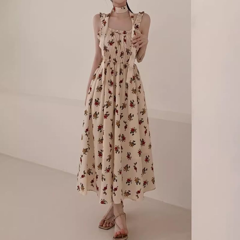 Sleeveless Square Neck Floral Midi A-Line Dress