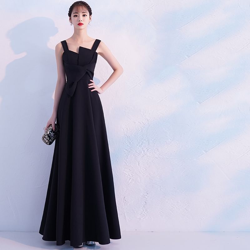 Strap Plain Evening Wide A-Line Asymmetrical Gown / Dress Knotted Cocktail