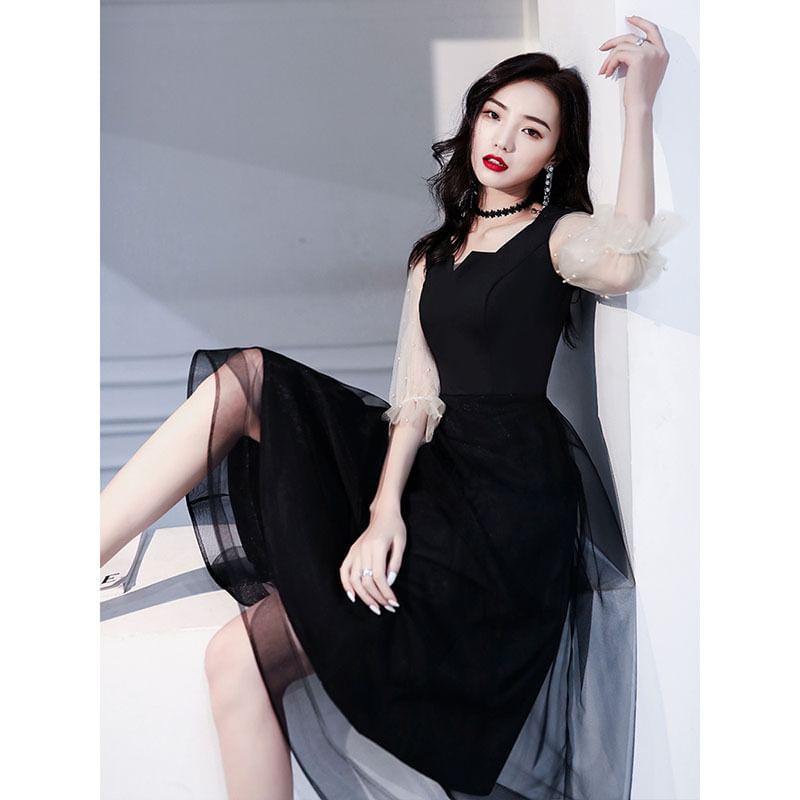 Evening Cocktail Dress Pearl / Mesh A-Line Faux Paneled Square-Neck Puff-Sleeve Gown