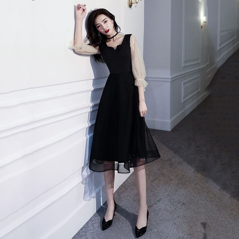 Evening Cocktail Dress Pearl / Mesh A-Line Faux Paneled Square-Neck Puff-Sleeve Gown