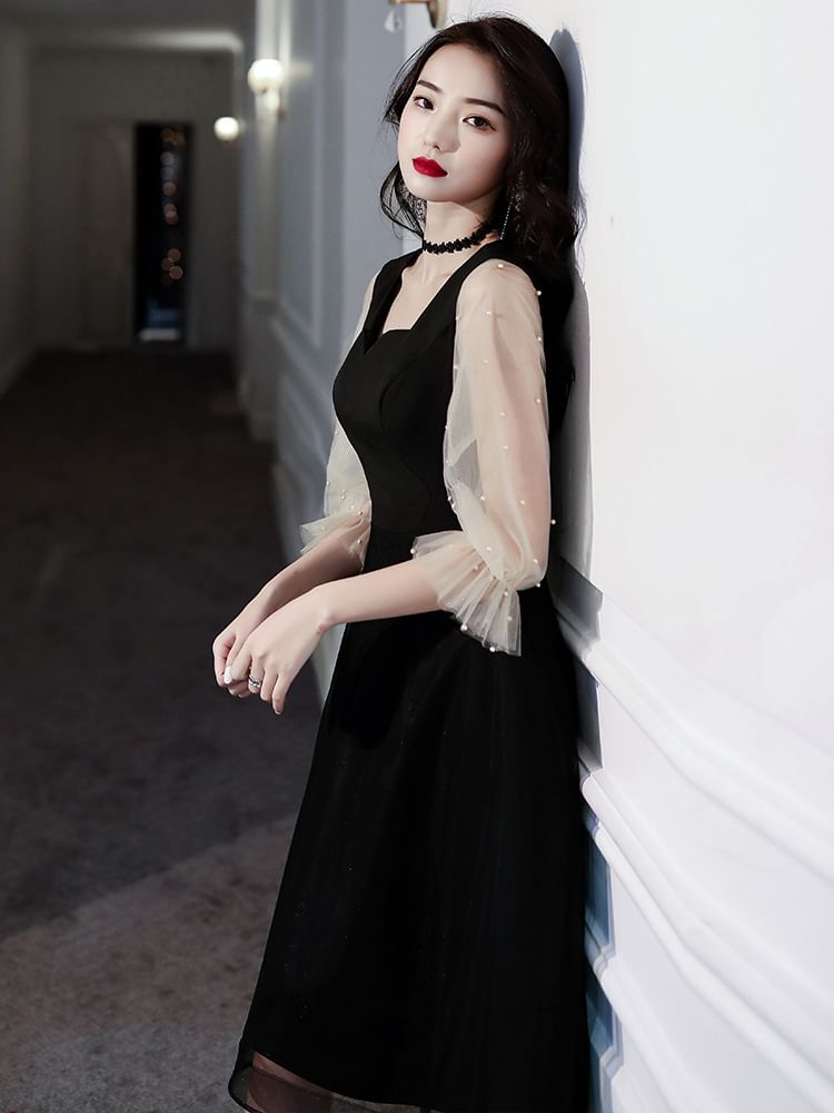 Evening Cocktail Dress Pearl / Mesh A-Line Faux Paneled Square-Neck Puff-Sleeve Gown