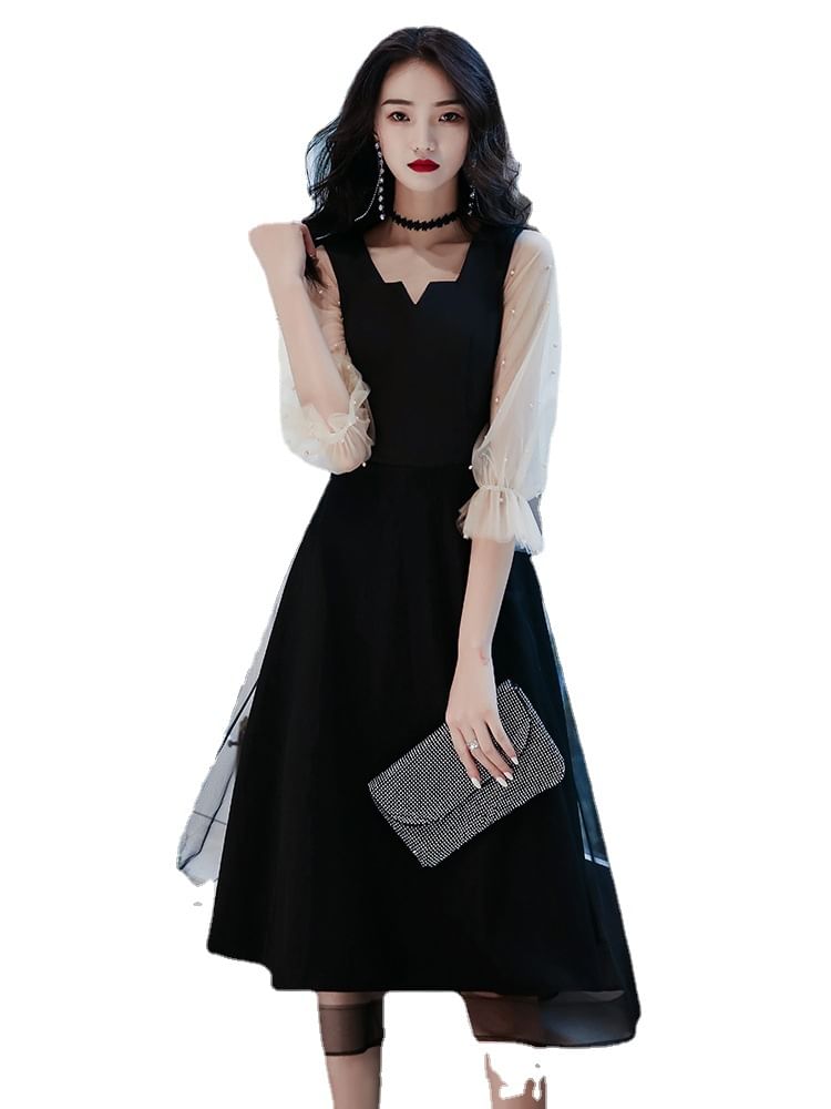 Evening Cocktail Dress Pearl / Mesh A-Line Faux Paneled Square-Neck Puff-Sleeve Gown