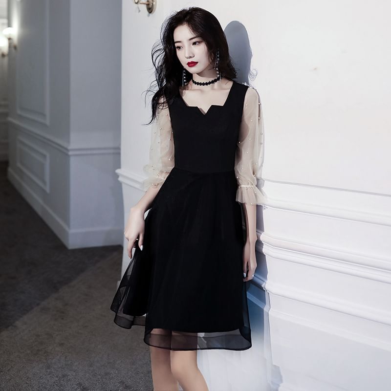 Evening Cocktail Dress Pearl / Mesh A-Line Faux Paneled Square-Neck Puff-Sleeve Gown