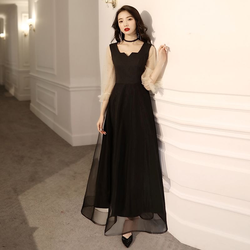 Evening Cocktail Dress Pearl / Mesh A-Line Faux Paneled Square-Neck Puff-Sleeve Gown