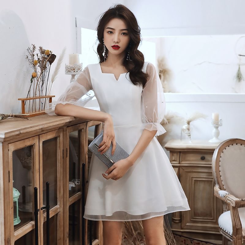 Paneled A-Line Mesh Cocktail Gown Dress Square-Neck Puff-Sleeve Faux / Evening Pearl