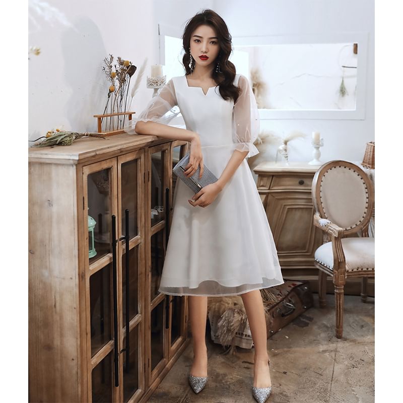 Paneled A-Line Mesh Cocktail Gown Dress Square-Neck Puff-Sleeve Faux / Evening Pearl