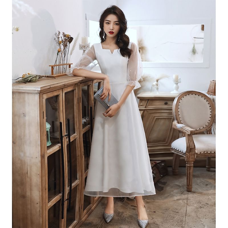 Paneled A-Line Mesh Cocktail Gown Dress Square-Neck Puff-Sleeve Faux / Evening Pearl