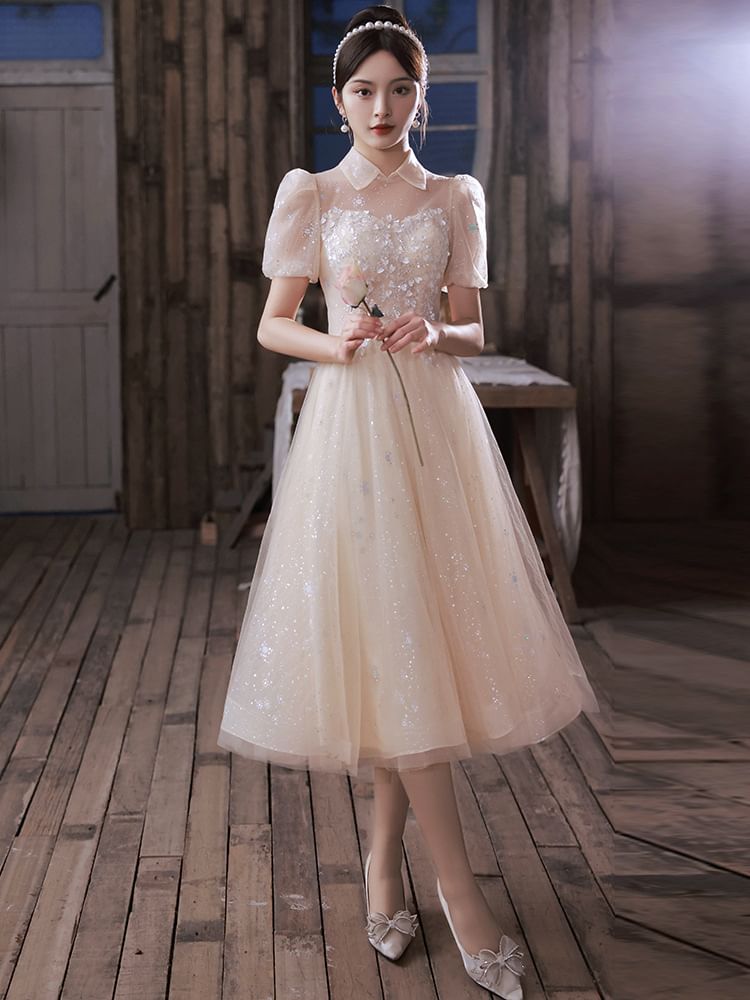 Square-Neck Sequined Floral A-Line Puff-Sleeve Designs) (Various Gown Evening