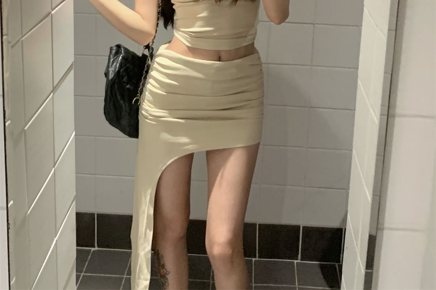 Tank / Waist One-Shoulder Top Skirt Plain Crop Mini Pencil High Asymmetrical