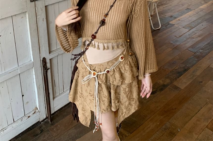 Chain Mid Tassel Waist Distressed Cropped Rise Cami Sweater Plain Asymmetrical Skirt Beaded Detail A-Line Mini / Top