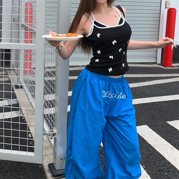 / Elastic Wide Cami Plain Top Pants Leg Waist Bow