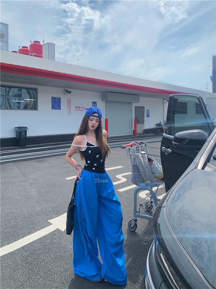 / Elastic Wide Cami Plain Top Pants Leg Waist Bow