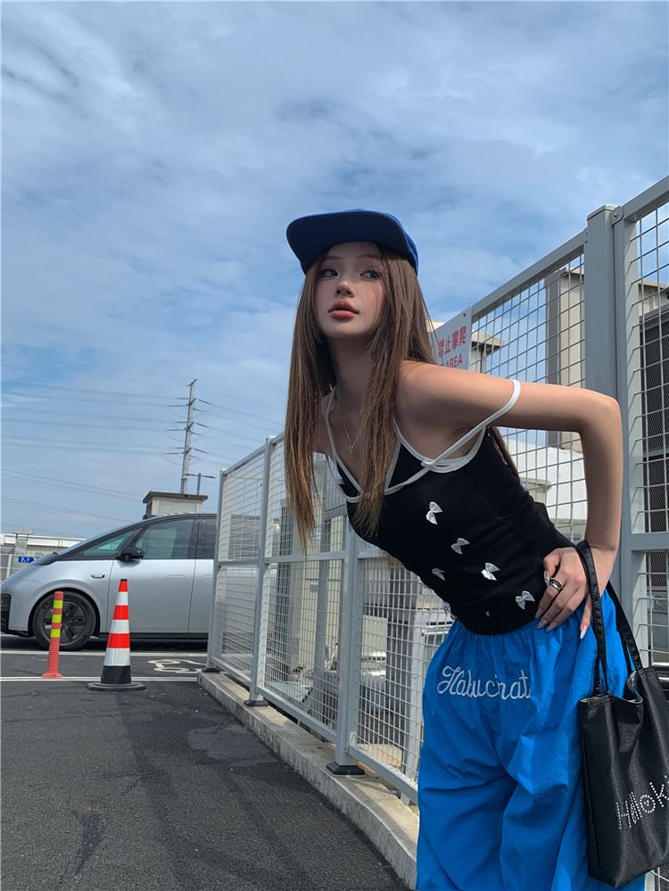 / Elastic Wide Cami Plain Top Pants Leg Waist Bow