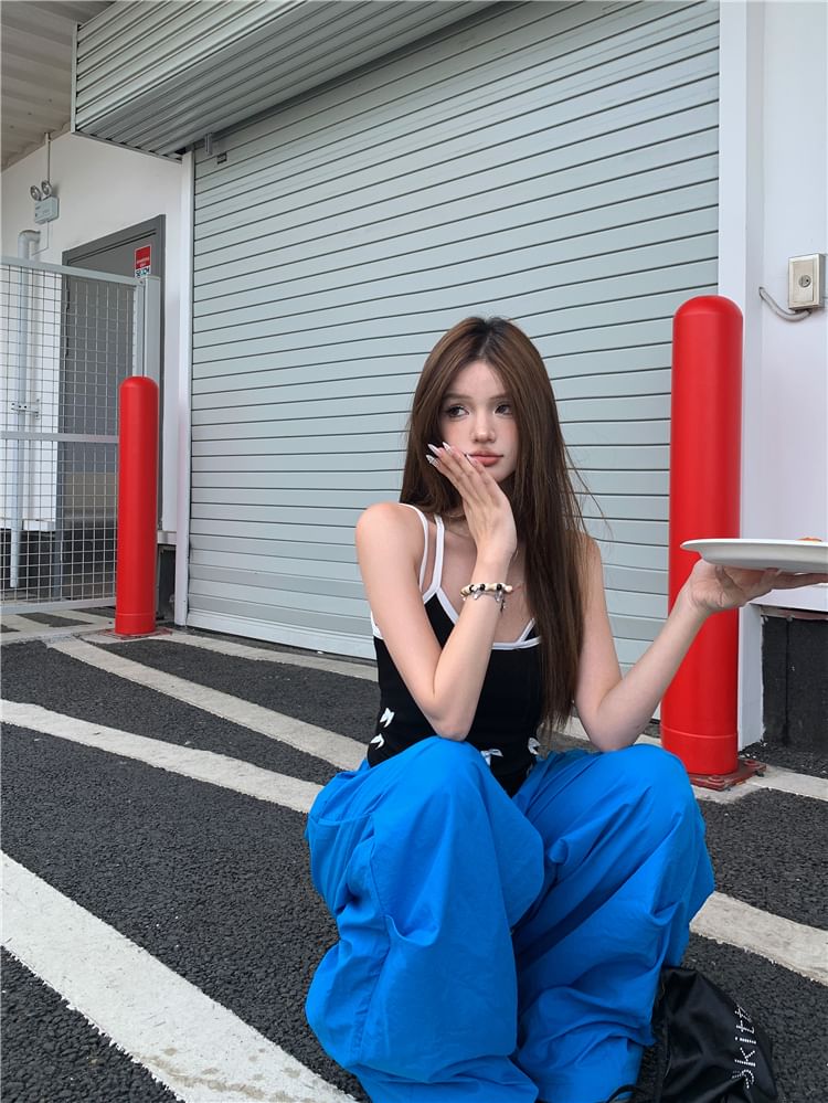 / Elastic Wide Cami Plain Top Pants Leg Waist Bow