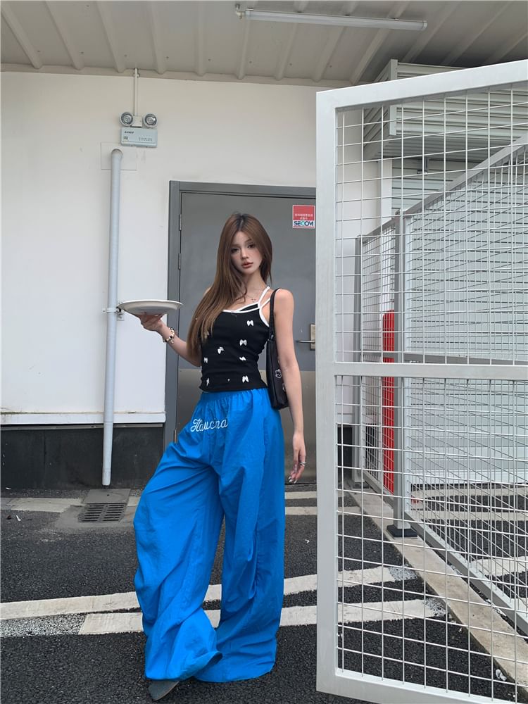 / Elastic Wide Cami Plain Top Pants Leg Waist Bow