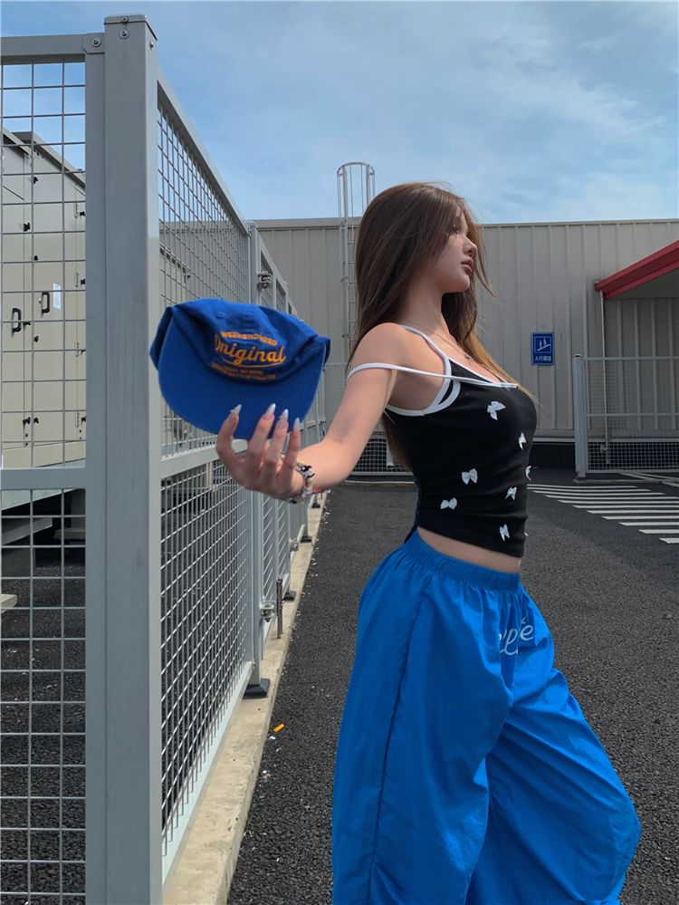 / Elastic Wide Cami Plain Top Pants Leg Waist Bow