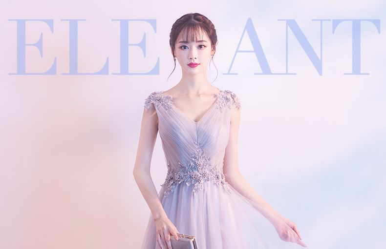 Evening Gown Plain Dress / Floral A-Line Applique Sleeveless V-Neck Mesh Ruched Mini Cocktail