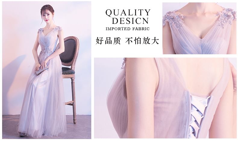 Evening Gown Plain Dress / Floral A-Line Applique Sleeveless V-Neck Mesh Ruched Mini Cocktail