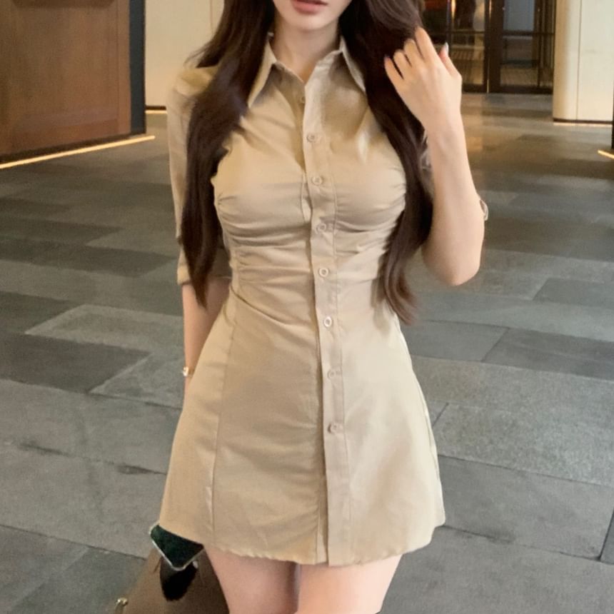 Button-Up Sheath 3/4-Sleeve Dress Mini Shirt Ruched Plain