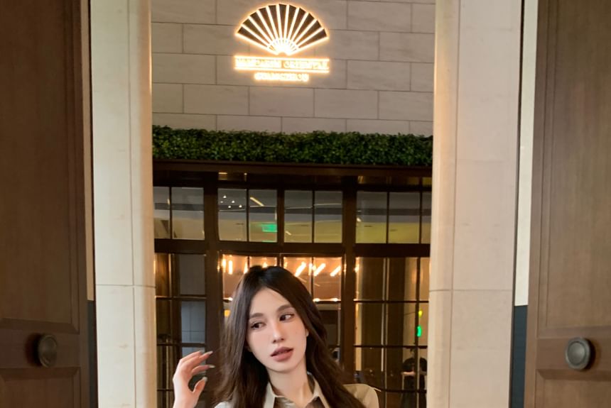 Button-Up Sheath 3/4-Sleeve Dress Mini Shirt Ruched Plain