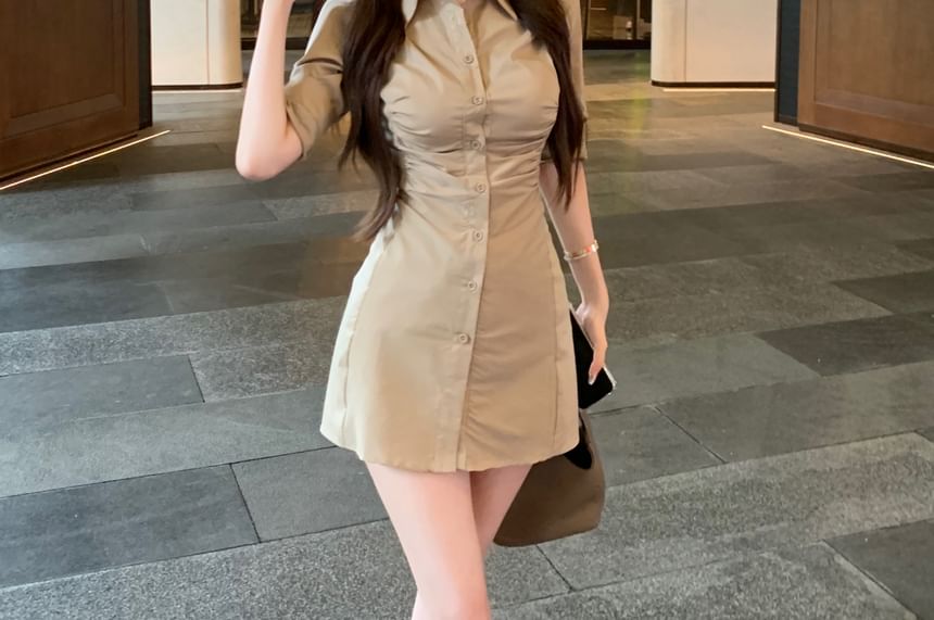 Button-Up Sheath 3/4-Sleeve Dress Mini Shirt Ruched Plain