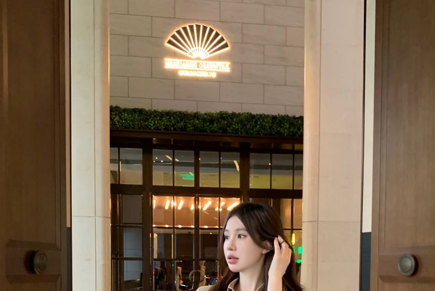 Button-Up Sheath 3/4-Sleeve Dress Mini Shirt Ruched Plain