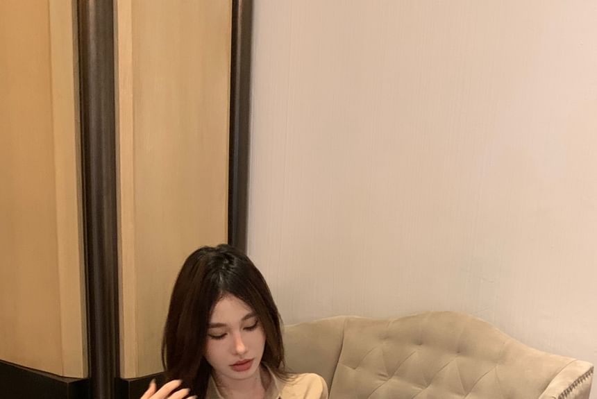 Button-Up Sheath 3/4-Sleeve Dress Mini Shirt Ruched Plain