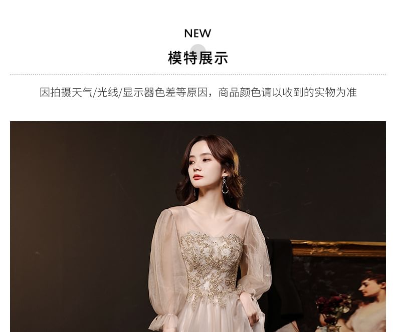 Gown Dress Mesh Evening A-Line Long-Sleeve / V-Neck