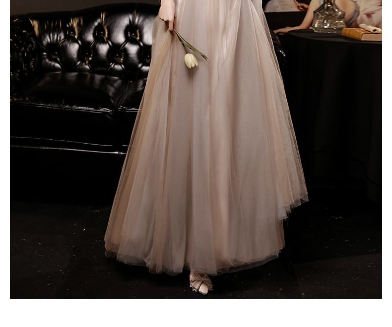 Gown Dress Mesh Evening A-Line Long-Sleeve / V-Neck