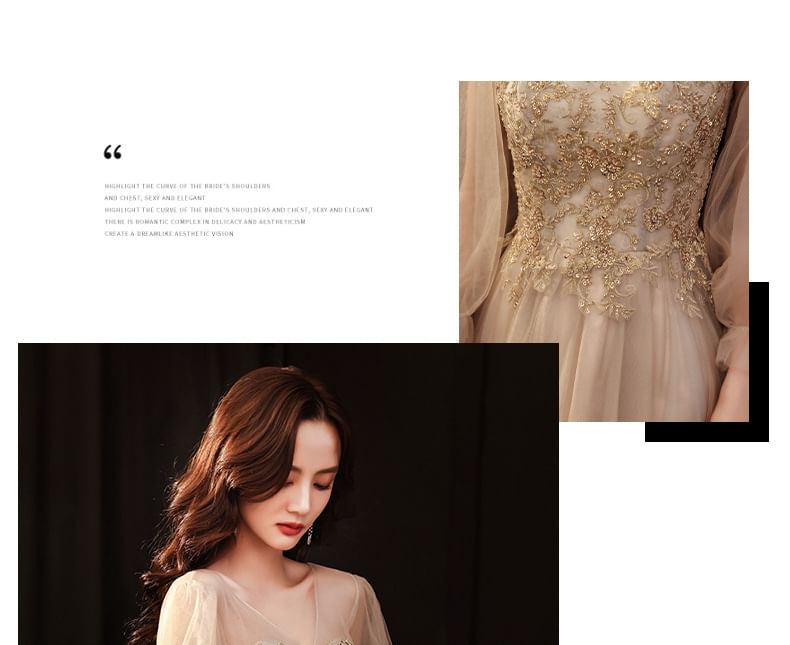 Gown Dress Mesh Evening A-Line Long-Sleeve / V-Neck