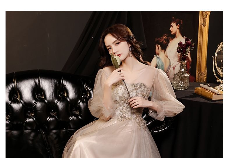 Gown Dress Mesh Evening A-Line Long-Sleeve / V-Neck