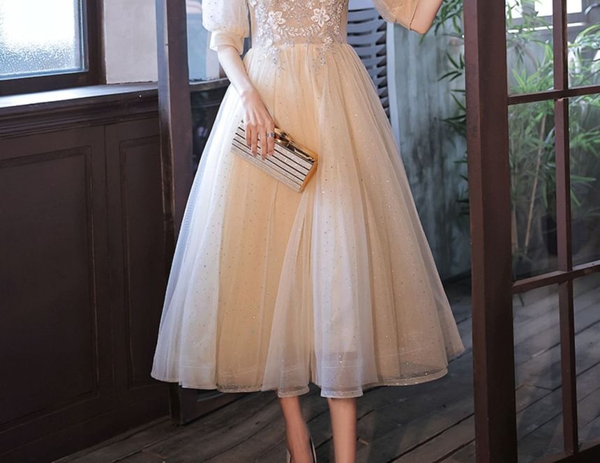 Mesh A-Line Evening Dress Floral Gown Short-Sleeve /